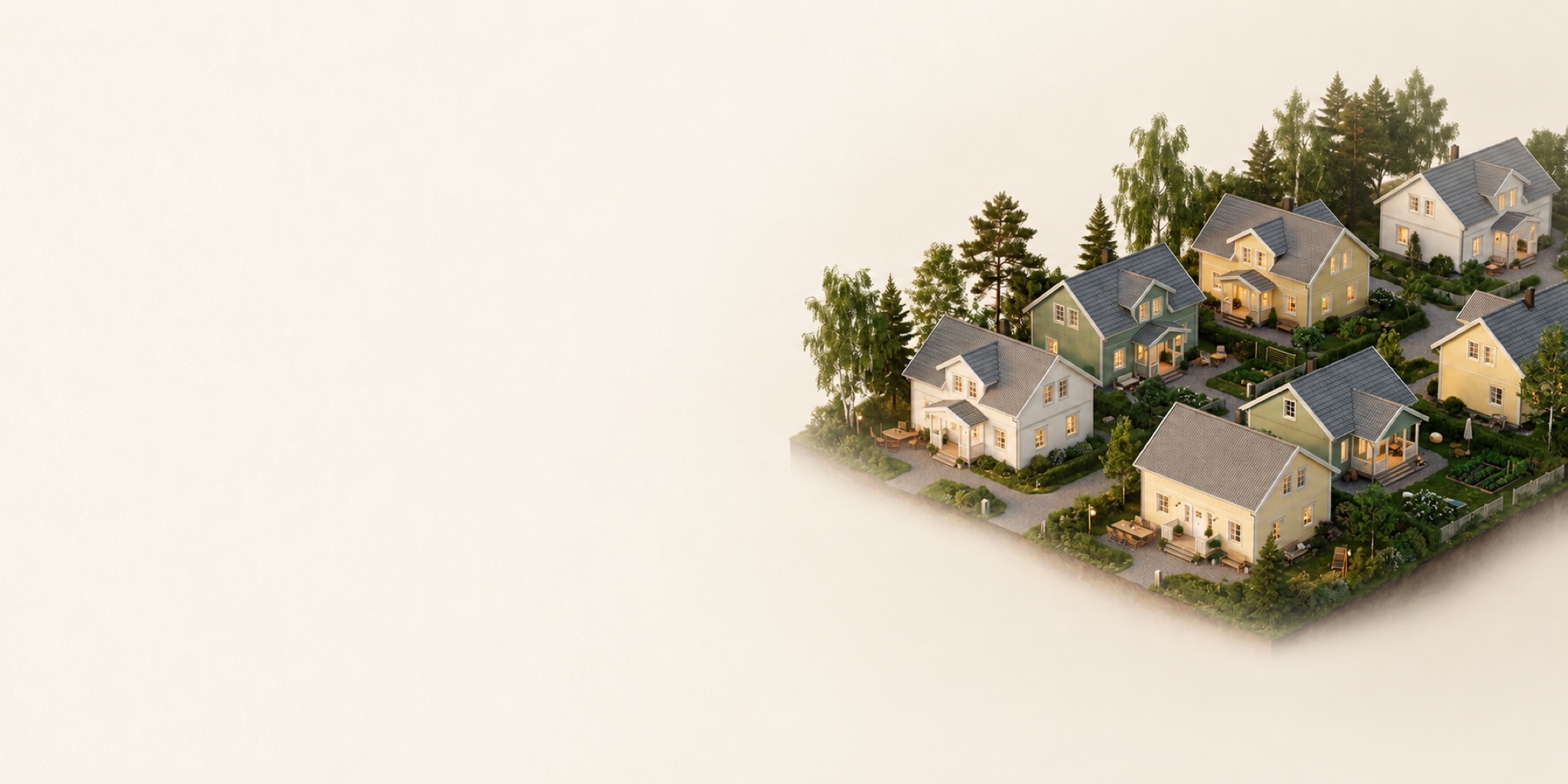 Aerial view of a charming suburban neighborhood emerging from soft white fog